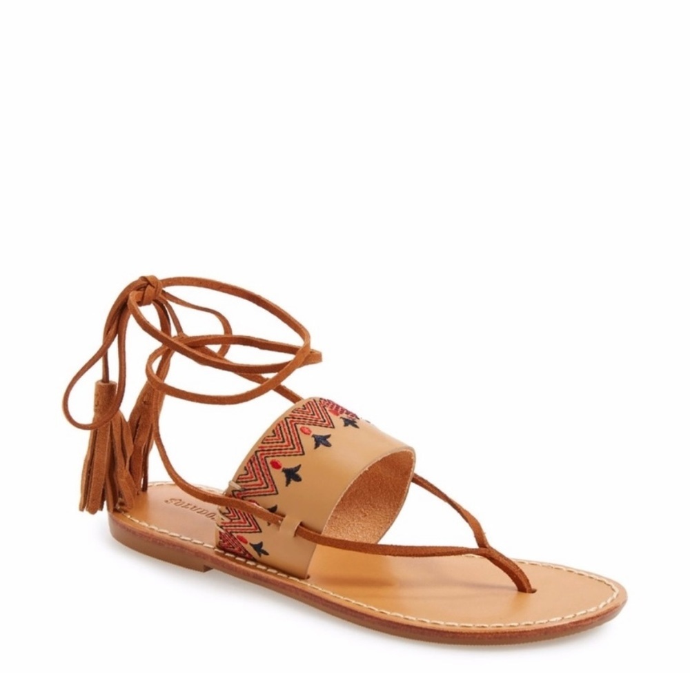 Soludos Embroidered Leather Lace-Up Sandals Tan - Picture 6 of 8